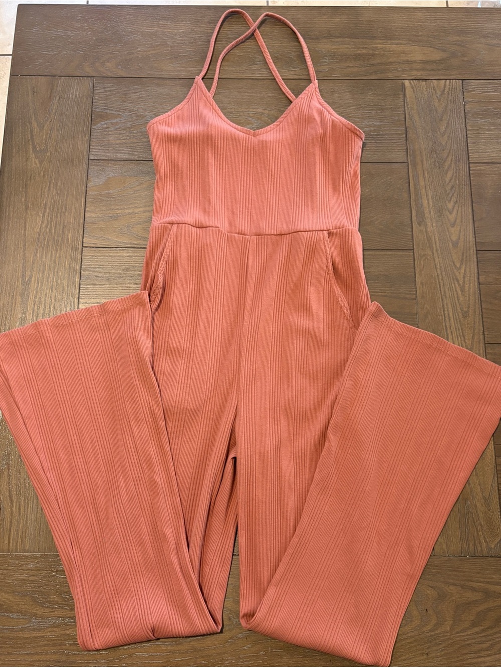 aerie Ribbed Strappy Wide-Leg Jumpsuit - Terracotta